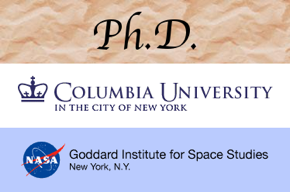 Ph.D., Columbia University logo, NASA GISS logo.