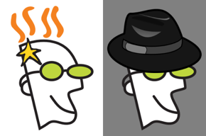 GoDaddy logo guy and GoDaddy logo guy with black hat.