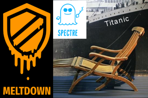Meltdown logo, Spectre logo, Titanic deck chair.