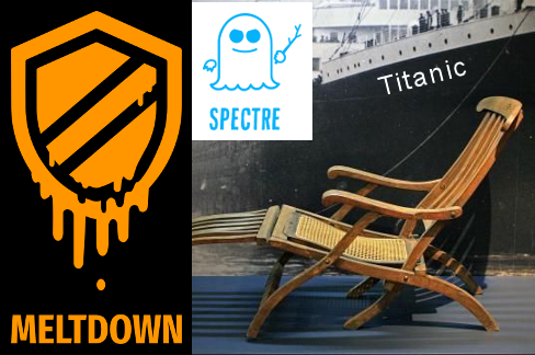 Meltdown logo, Spectre logo, Titanic deck chair.