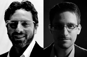 Photos of Sergey Brin and Edward Snowden.