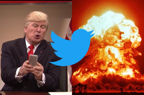 Fake Trump tweeting, Twitter logo, nuclear explosion.