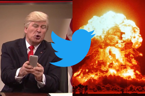 Fake Trump tweeting, Twitter logo, nuclear explosion.