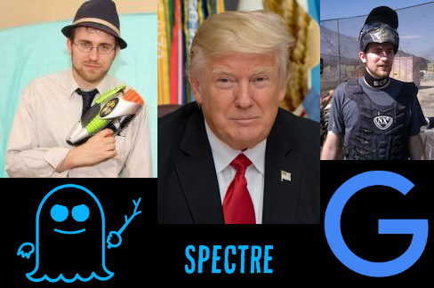 Mike Hamburg LinkedIn photo, Trump photo, Mike Hamburg ShiftLeft blog photo, Spectre logo, Google logo.