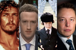 Photos of Jesus Christ Superstar, Mark Zuckerberg, Antichrist Damien, Elon Musk.