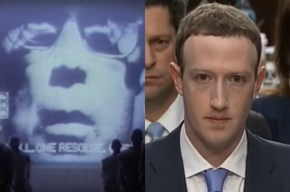 Photos of Big Brother from Apple's 1984 commercial and Facebook's Mark Zuckerberg.