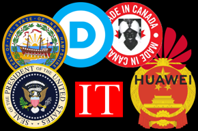 From right to left: Chinese national emblem, Huawei logo, Made In Canada seal with Prime Minister Justin Trudeau in blackface, Democratic Party logo, State of New Hampshire seal, U.S. Presidential seal, IT.