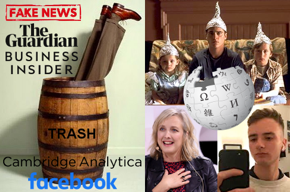 Fake News, The Guardian logo, Business Insider logo, photo of reporter scraping bottom of a trash barrel, Cambridge Analytica logo, Facebook logo, tinfoil hat wearing scene from movie Signs including kook Joaquin Phoenix, Guardian reporter Carole Cadwalladr photo, Business Insider reporter Aaron Holmes photo, Wikipedia world logo.