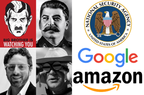 Big Brother Is Watching You image, Soviet Chairman Joseph Stalin photo, Google founder Sergey Brin with glasses photo, Amazon founder Jeff Bezos with glasses photo, NSA seal, Google logo, Amazon logo.