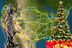 Lady Justice photo and Christmas tree photo on top of U.S. Internet backbone image.
