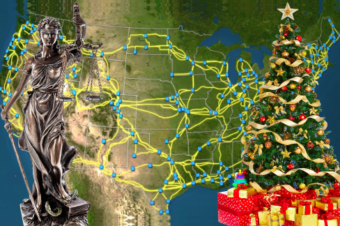 Lady Justice photo and Christmas tree photo on top of U.S. Internet backbone image.