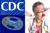 CDC logo, smallpox virus photo, clown doctor photo.