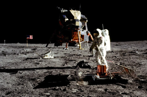 Apollo 11 lunar landing, July 20, 1969, with astronaut Buzz Aldrin working with seismic equipment.