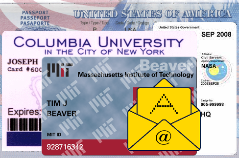 US passport, NASA ID, Columbia University ID, MIT ID, Apscitu Mail logo.