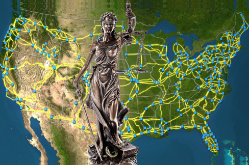 Lady Justice in front of U.S. Internet backbone.