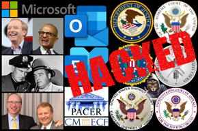 Microsoft logo, Brad Smith photo, Satya Nadella photo, Abbott and Costello cops photo, Davison Douglas and David Novak photo, Outlook logo, Exchange logo, PACER logo, CM/ECF logo, hacker, federal law seals, HACKED.