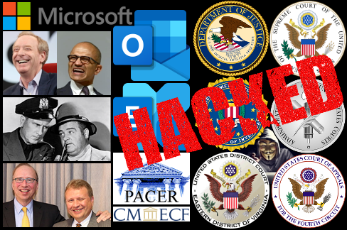 Microsoft logo, Brad Smith photo, Satya Nadella photo, Abbott and Costello cops photo, Davison Douglas and David Novak photo, Outlook logo, Exchange logo, PACER logo, CM/ECF logo, hacker, federal law seals, HACKED.