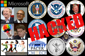 Microsoft logo, Brad Smith photo, Satya Nadella photo, blindfolded clown lawyer photo, James Duff photo, blind leading blind justice off a cliff, hacker, federal seals, PACER logo, CM/ECF logo, HACKED.