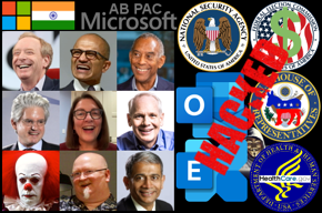 Microsoft/ABPAC/India logo, Brad Smith photo, Satya Nadella photo, John Thompson photo, David Brock photo, Suzan DelBene photo, Kurt DelBene photo, evil business clown, Kevin Scott photo, Rajesh Jha photo, hacker, Outlook logo, Exchange logo, federal seals, HACKED.