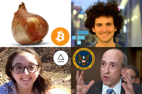 Tulip bulb photo, Bitcoin logo; FTX CEO Sam Bankman-Fried photo, FTX logo; Alameda Research CEO Caroline Ellison photo, Alameda Research logo; SEC Chairman Gary Gensler photo, SEC seal.