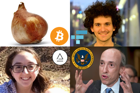 Tulip bulb photo, Bitcoin logo; FTX CEO Sam Bankman-Fried photo, FTX logo; Alameda Research CEO Caroline Ellison photo, Alameda Research logo; SEC Chairman Gary Gensler photo, SEC seal.