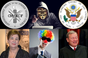 Seal, with CM/ECF, of the Administrative Office of the United States Courts (AO), hacker photo, Seal of the Supreme Court of the United States, AO Director Roslynn Mauskopf photo, blindfolded legal clown photo, Supreme Court Chief Justice John Roberts photo.