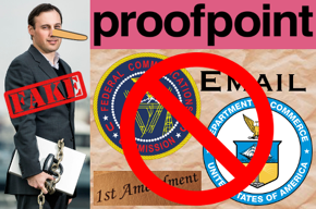 Ryan Kalember with Pinocchio nose and bike lock around his laptop, FAKE, Proofpoint logo, FCC seal, Email, 1st Amendment, Department of Commerce seal.