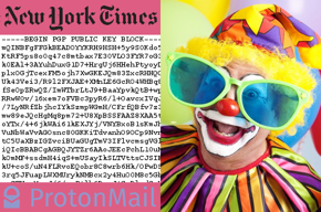 New York Times logo, their PGP public key, ProtonMail logo, goofy glasses media clown.