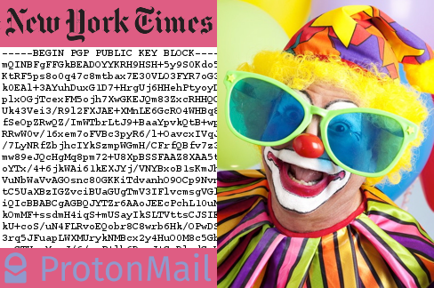 New York Times logo, their PGP public key, ProtonMail logo, goofy glasses media clown.