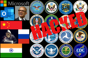 Microsoft logo, Microsoft Outlook logo, Microsoft CEO Satya Nadella, China/Russia/India flags, hacker, 16 federal government department and agency seals, HACKED.