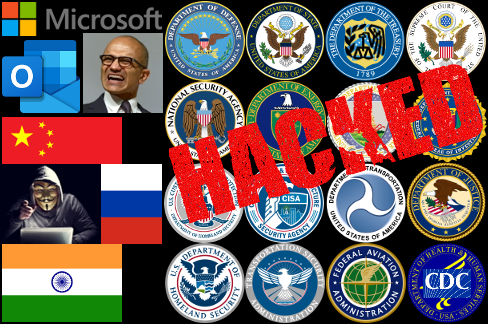 Microsoft logo, Microsoft Outlook logo, Microsoft CEO Satya Nadella, China/Russia/India flags, hacker, 16 federal government department and agency seals, HACKED.