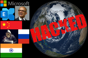 Microsoft logo, Microsoft Exchange logo, Microsoft CEO Satya Nadella, China/Russia/India flags, hacker, the world, HACKED.