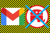Google Mail logo, Democrat blue X over Republican logo, yellow/black striped warning background image.