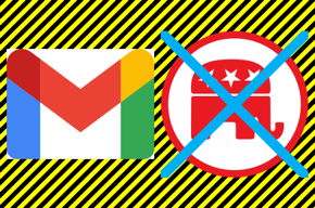 Google Mail logo, Democrat blue X over Republican logo, yellow/black striped warning background image.