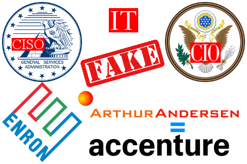 GSA CISO seal, Enron logo, IT FAKE, Arthur Andersen logo, Accenture logo, U.S. CIO seal.