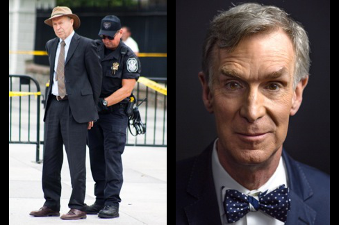 Left: Dr. James Hansen, the "father of global warming" and a NASA scientist, being arrested for illegally protesting. It is not known whether he was on government time then and thus also violated the Hatch Act. Photo by Ben Powless, CC BY 2.0. Right: Bill Nye the (creepy) science guy. Photo by Neil Grabowsky / Montclair Film, CC BY 2.0. Photos of NASA scientist James Hansen being arrested and Bill Nye.