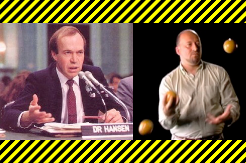 Left: A sweaty James Hansen, former head of NASA GISS and the father of global warming, testifying before Congress on June 23, 1988. He was intentionally scheduled on the historically hottest day of the year and the air conditioning was intentionally off. NASA photo so in the public domain. Right: Gavin Schmidt, current head of NASA GISS, dropping the ball while juggling Mills' Mess on PBS's NOVA. Photos of James Hansen testifying and Gavin Schmidt juggling.