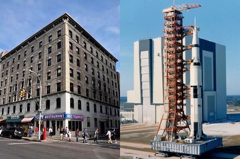 Left: NASA GISS building in New York City. Photo by NASA so in the public domain. Right: A Saturn V rocket in front of its building. Photo by NASA so in the public domain. Photos of NASA GISS and a Saturn V rocket.