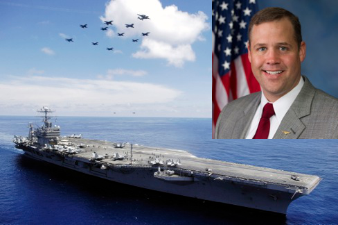 Main: The aircraft carrier USS Abraham Lincoln. Photo by the US Navy so in the public domain. Inset: Rep. Jim Bridenstine, NASA Administrator nominee and carrier pilot. Photo by the US Congress so in the public domain. Photos of USS Abraham Lincoln and Jim Bridenstine.