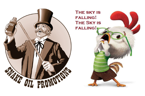 Snake oil salesman, Chicken Little. Pre-altered images used under the fair use doctrine (critical commentary) of U.S. copyright law. Snake oil salesman, Chicken Little.