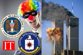 NSA seal, CIA seal, IT, clown, airliners crashing into World Trade Center towers.