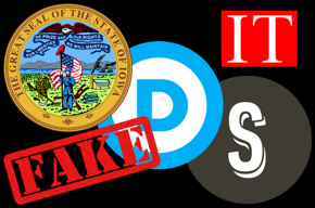 State of Iowa seal, Democratic Party logo, Shadow Inc logo, Fake, IT.