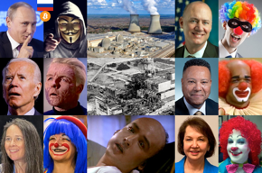 Russian President Vladimir Putin photo, hacker photo, Russian flag, Bitcoin logo, U.S. President Joe Biden photo, radiation invalid Star Trek Captain Christopher Pike photo, CISA Director Jen Easterly photo, blue long haired woman clown photo, Southern Nuclear Vogtle nuclear power plant photo, Chernobyl photo, radiation sickness victim photo (John Cusack playing character based on nuclear scientist Louis Slotin, who died from radiation sickness, in the movie Fat Man and Little Boy), NRC CIO David Nelson photo, bandit masked government clown photo, Southern Nuclear CIO Martin Davis photo, Damon Wayans's Homey D. Clown photo, Colonial Pipeline and former Southern Nuclear CIO Marie Mouchet photo, woman clown photo.
