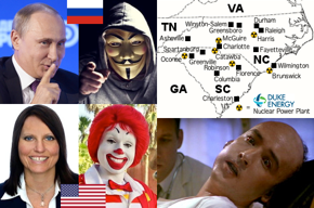 Russian President Vladimir Putin photo, Russian flag, hacker photo, Duke Energy CIO Bonnie Titone photo, U.S. flag, McDonald's clown photo, Carolinas map of Duke Energy nuclear power plants and major cities, radiation sickness victim photo (John Cusack playing character based on nuclear scientist Louis Slotin, who died from radiation sickness, in the movie Fat Man and Little Boy).