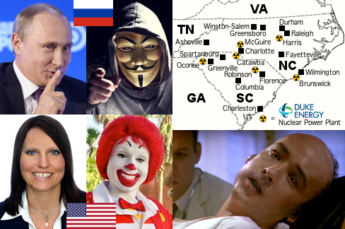 Russian President Vladimir Putin photo, Russian flag, hacker photo, Duke Energy CIO Bonnie Titone photo, U.S. flag, McDonald's clown photo, Carolinas map of Duke Energy nuclear power plants and major cities, radiation sickness victim photo (John Cusack playing character based on nuclear scientist Louis Slotin, who died from radiation sickness, in the movie Fat Man and Little Boy).