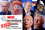 Accenture Head CISO Kelly Bissell photo, sleepy clown photo, CISO, Enron/Accenture/Arthur Andersen/Deloitte logos, IT Education, DeVry University logo, Fake, Russian President Vladimir Putin photo, hacker photo, Russian flag, Bitcoin logo, U.S. President Joe Biden photo, invalid Star Trek Captain Christopher Pike photo.