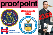 Proofpoint logo, FCC seal, Cybersecurity EVP, Hillary 2016 presidential campaign logo, Department of Commerce seal, Ryan Kalember with Pinocchio nose and bike lock around his laptop, FAKE.