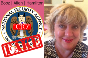 Booz|Allen|Hamilton logo, NSA seal, CIO, fake, Susan Penfield photo.