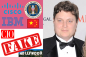 Cisco logo, NSA seal, IBM logo, Chinese flag, CIO, FAKE, Hollywood photo, Fletcher Previn photo.