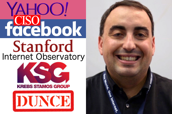 Yahoo logo, CISO, Facebook logo, Stanford Internet Observatory logo, Krebs Stamos Group logo, Dunce, Alex Stamos photo.